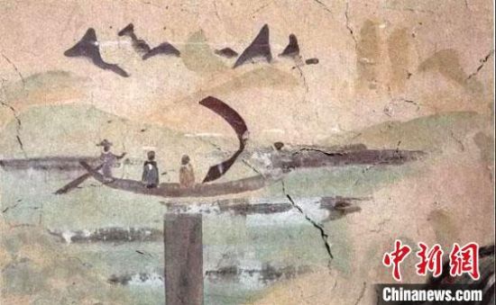“一人搖櫓晃扁舟，兩人撐篙水上漂?！眻D為莫高窟第323窟《搖櫓帆船》（初唐）?！《鼗脱芯吭汗﹫D