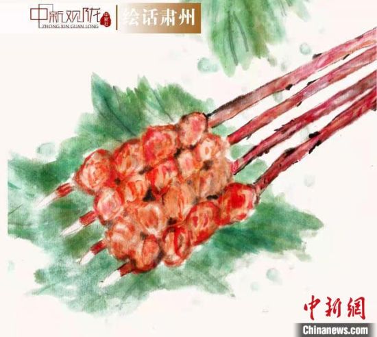 圖為酒泉美食“紅柳烤肉”繪畫作品。　杜興彥 攝