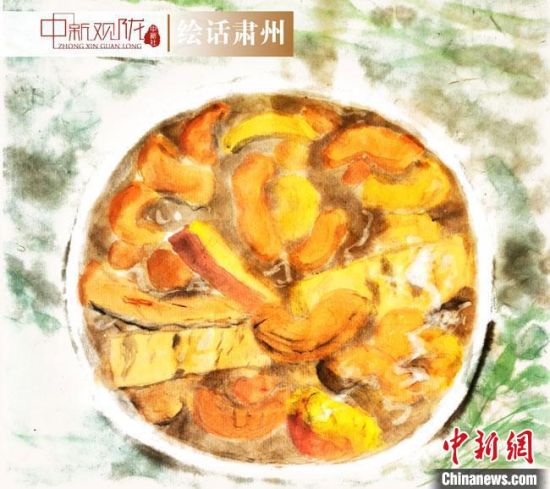 圖為酒泉美食“糊鍋”繪畫作品。　杜興彥 攝