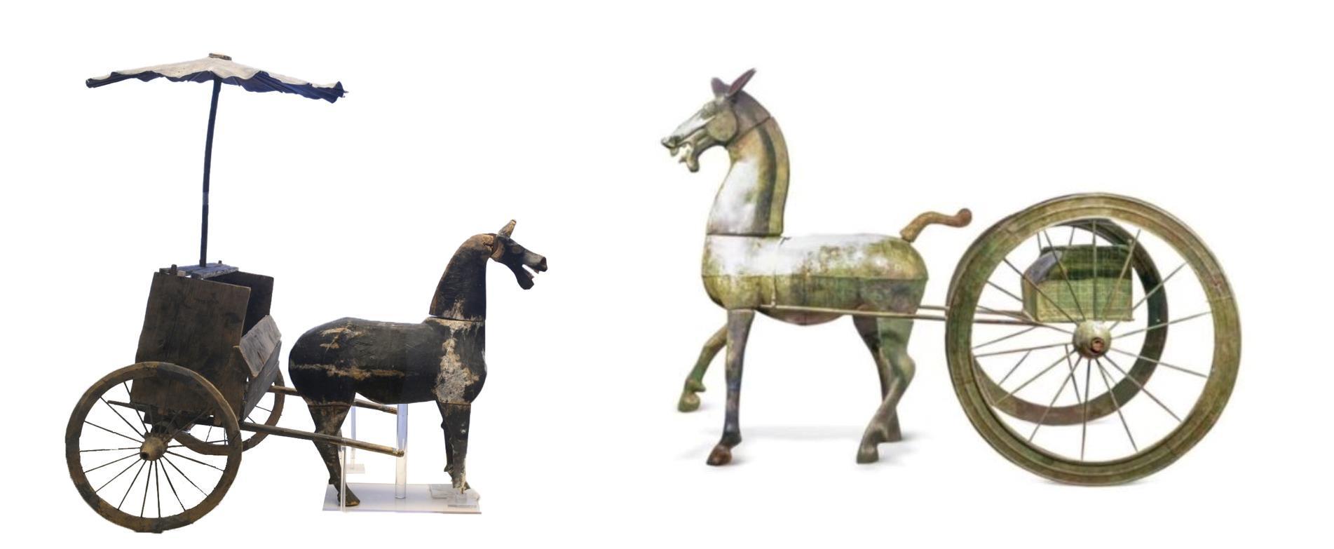 △左為漢代木軺車，藏于青海省博物館；右為東漢銅車馬，藏于黔西南州博物館。